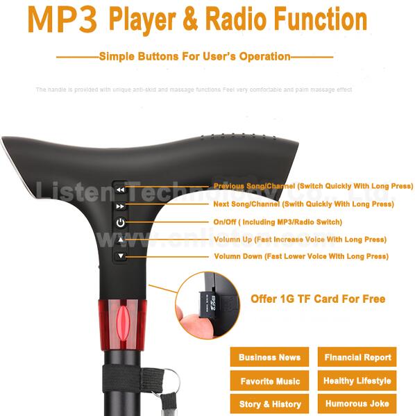 Cane with MP3 player and radio function