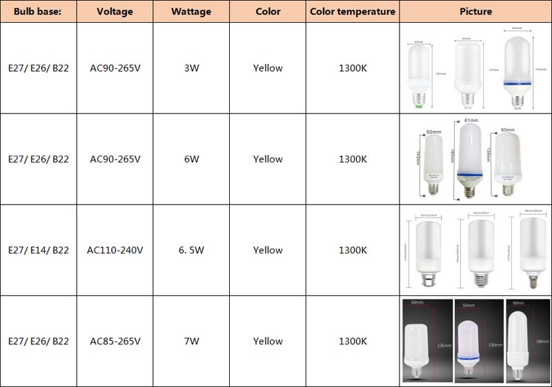 specification of 3W 6W 6.5W 7W E27 E14 B22 LED Burning Light Flicker Flame Fire Bulb Christmas Decor Lamp